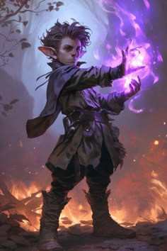 a painting of a man with purple hair and an evil look on his face standing in front of flames