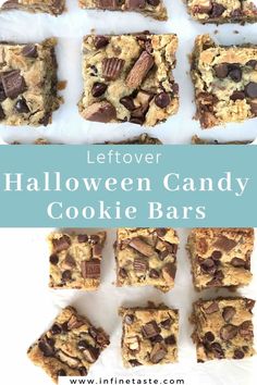 cookie bars cut into squares with title in center. Candy Cookie Bars, Leftover Halloween Candy Recipes, Loaded Oatmeal, Homemade Butterfingers, Twix Chocolate, Candy Bar Cookies, Cookie Bars Easy, Oatmeal Cookie Bars, Leftover Candy