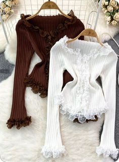 Elegant White Knit Top, Feminine White Knit Top For Fall, White Feminine Knit Top For Fall, Elegant Winter Tops With Lace Trim, Feminine Brown Tops For Fall, Elegant Lace Trim Tops For Winter, Elegant Stretch Brown Top, Elegant Ruffled Knit Top For Spring, Elegant Ruffle Knit Top For Spring