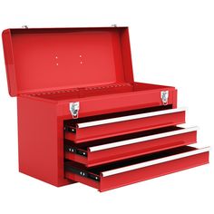 This portable tool chest is made of metal that has a good performance in enhancing pressure resistant and durability. Top tray is designed for important big tools that is frequently used. 3-Drawer cabinet is for your basic tool storage needs. Each drawer rides on ball bearing slides give you smooth pull and they have an excellent anti-rust ability. The cabinet equipped with buckles to keep your tools safe and secure. It is finished in red surface coating for years of service. Furthermore, it com Portable Tool Boxes, Lego Storage Diy, Teacher Cart, Tool Chest Organization, Steel Tool Box, Rv Conversion, Van Conversion Ideas, Utility Storage Cabinet, Paint Organization