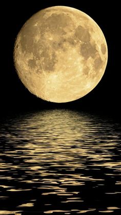 the full moon is reflected in the water