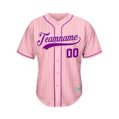 Custom Sublimation Pink Pinstripe Baseball Jersey Names and numbers are sublimated. No Minimum Order Free Shipping It will take 1-3 weeks to ship out If you would like to change the jersey's design, please contact us via the contact page or live chat. Features Made of Mesh Fabric: The jersey is 100% polyester mesh fabric. It is breathable and quickly dry. Sublimation Tracking Twill: All letters and numbers of the jersey are sublimated. Compared with traditional printed jerseys, it is durable and Varsity Jersey With Sublimation Print For College, Varsity Jersey With Sublimation Print, Collegiate Team-colored Jersey With Contrast Stripes, Pink Baseball Jersey With Letter Print, Team Spirit Jersey With Baseball Collar And Sublimation Print, Jersey With Sublimation Print, Baseball Collar, Team Spirit Style, Pink College Jersey With Letter Print, College Pink Jersey With Letter Print, Pink Team Logo Jersey For Sports Season