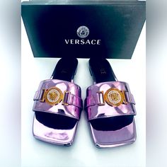 Light Purple Bought At Versace In Florida Square Toe Tiny, Tiny And Perfection At The Tip Of The Shoe I Saw Have Not Worn Retail 900 Great Deal I Wear 4 1/2 Too Big On Me Luxury Purple Open Toe Sandals, Luxury Purple Evening Sandals, Designer Purple Open Toe Heels, Formal Purple Leather Sandals, Luxury Purple Leather Sandals, Designer Purple Open Toe Sandals, Luxury Round Toe Purple Sandals, Luxury Purple Sandals With Round Toe, Luxury Purple Round Toe Sandals