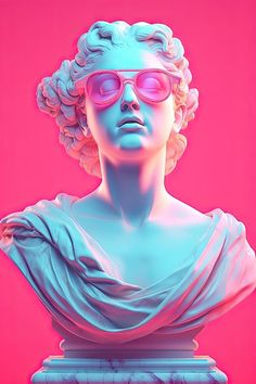 a pink and blue photo of a bust wearing sunglasses