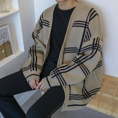 Oversized plaid cardigan - Shop at The Korean Fashion Boy Cardigan Outfit, Male Cardigan, Plaid Sweater Coat, Cardigan Korean Style, Lazy Sweater, Popular Clothes, Loose Knitwear, Retro Cardigans, Long Sweater Coat