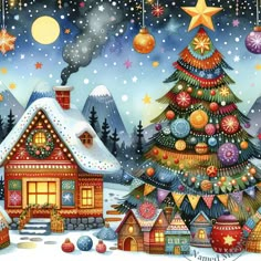 a painting of a christmas tree in front of a snow covered house with ornaments hanging from the roof