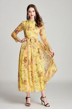 Spring Formal Modest Maxi Dress, Yellow Chiffon Long Sleeve Dress, Fitted Chiffon Long Sleeve Dress, Modest Fitted Chiffon Dress, Elegant Full Length Long Sleeve Dress For Spring, Fitted Chiffon Modest Dress, Summer Full Length Floral Print Dress, Summer Floral Print Full-length Dress, Fitted Full Length Floral Print Dress