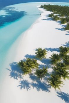 an aerial view of a beach with palm trees in the foreground and water on the far side