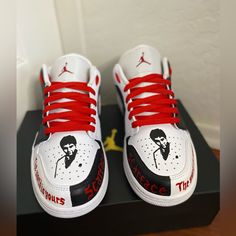 Custom Made Nike Air Jordan 1 Scarface Can Be Made In Any Size Allow 1 Week For Customization And Shipping Can Made Custom Designs As Well Custom Nike Shoes Air Force, How To Customize Shoes, Custom Shoe Designs, Nike Shoes Custom, Shoe Art Designs, Rhinestone Sneakers, Jordan 1 Mids, Dream Shoe Closet