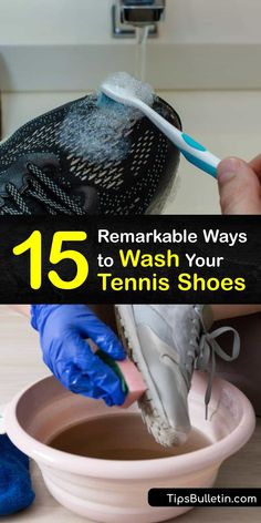 a person in blue gloves is cleaning a tennis shoe with a toothbrush and glove