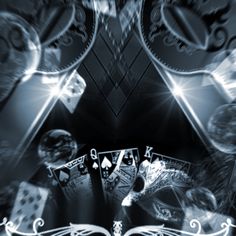 an abstract image of playing cards in front of some clocks and lights on a black background