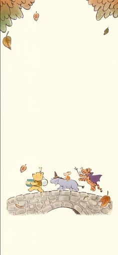 winnie the pooh and her friends crossing a bridge with leaves in the air behind them