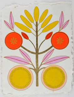 an image of a flower with leaves and fruit on it's petals in yellow, pink, red and orange colors