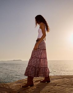 Check maxi skirt - New - Women | Bershka Gingham Maxi Skirt, Pattern Skirt Outfit, Long Patterned Skirt, Maxi Skirt Aesthetic, Fall Maxi Skirt, Long Skirt Pattern, Don't Overthink It, Plaid Maxi Skirt, Fitted Maxi Skirt