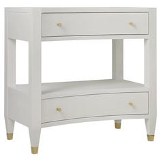 a white night stand with two drawers on one side and an open drawer on the other