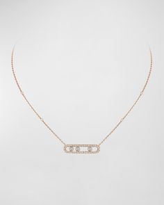 "Find MESSIKA Move Classic 18k Rose Gold Diamond Pave Necklace on Editorialist. Move pendant necklace from Messika. Polished 18karat pink gold hardware. Integrated diamond pavé oval pendant. Three round bezelset diamonds. 0.65 total diamond carat weight. Adjustable; lobster clasp. Chain approx. 17.7\"L."