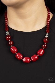 Accented with bright silver beads and glittery rhinestone accents, a row of oversized subtly faceted red beads gives way to marbled red beads that transition to smaller opaque red beads as they make their way around the collar for a modern fashion. Features an adjustable clasp closure. Sold as one individual necklace. Includes one pair of matching earrings. Red Necklace Beads, Red Necklaces, Bedazzled Jewelry, Ruby Jewelry Necklaces, Beaded Necklace Designs, Hand Painted Jewelry, Beaded Jewelry Designs, Necklace Beads, Red Beads