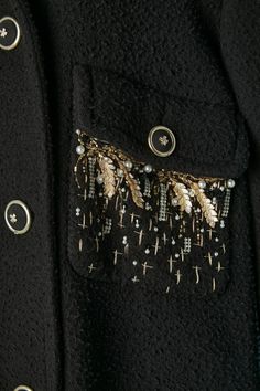 Black wool and cashmere double-breasted coat with embroideries on pockets Chanel For Sale at 1stDibs Chanel Suits For Women, Chanel Embroidery, Clothes With Embroidery, Leather And Beads, Embellished Coat, Abaya Ideas, Chanel Coat, Chanel Suit, Embroidered Leather