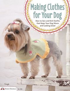 a small dog standing on top of a wooden chair wearing a green sweater and pink flower headband