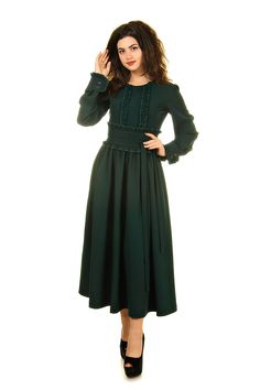 Dark green tea length dress with long sleeve for woman. This dress is in stock. This item is the final sale. This product is on sale and is non-refundable. Therefore, please carefully see the size matching. --US00 -- Bust 31.5'' / Waist 24'' / Hips 34'' / (79cm /60cm /86cm) --US 0 -- Bust 32.5'' / Waist 25'' / Hips 35'' / (82cm /64cm /89cm) The length of her dress : 49 inches (124cm). Green A-line Maxi Dress For Fall, Green Fitted A-line Long Sleeve Dress, Green Maxi Evening Dress For Winter, Green Long Sleeve Maxi Dress For Formal Occasions, Chic Green Maxi Dress For Fall, Formal Green Long Sleeve Maxi Dress, Long Sleeve Winter Wedding Midi Dress, Winter Wedding Maxi Dress With Long Sleeves, Winter Wedding Long Sleeve Maxi Dress