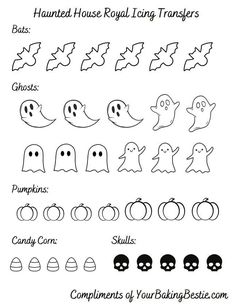 halloween ghost and pumpkins coloring pages with the words,'hand - drawn house royal icing transferers '