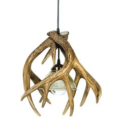 an antler lamp hanging from a ceiling fixture