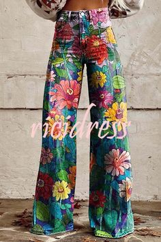 Casual Mid-rise Bottoms With Floral Print, Fall Multicolor Non-stretch Jeans, Casual Multicolor Full-length Jeans, Trendy Floral Print Fall Bottoms, High Waist Multicolor Denim Pants, Casual Mid-rise Multicolor Pants, Spring Jeans With Button Closure, Spring Full Length Jeans With Button Closure, Spring Full-length Jeans With Button Closure