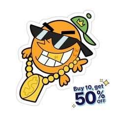 an orange sticker with sunglasses and a hat