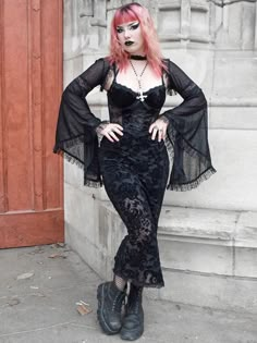 Gothic Outfits For Women, Black Fairy Grunge, Smock Tops, Y2k Coat, Gothic Dresses, Sheer Midi Dress, Gothic Y2k, Sheer Lace Dress, Midi Dress Elegant