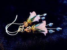 Pink flower earrings green golden bell flower dangle earrings with stamens elf fairy jewelry gift for women and garden lover Butterfly Engagement Ring, Purple Flower Necklace, White Flower Earrings, Lucite Flower Earrings, Earrings Fairy, Bell Earrings, Pink Flower Earrings, Flowers And Animals, Fairy Earrings