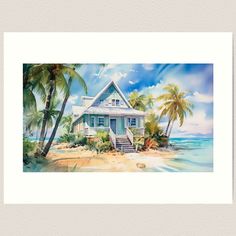 a painting of a house on the beach with palm trees and blue sky in the background