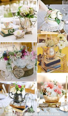 several different pictures of teapots and flowers in vases on top of books