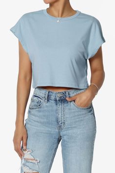 Graya Crew Neck Short Sleeve Crop Tee DENIM BLUE_1 Relaxed Outfits, Boxy Crop Top, Streetwear Chic, Cool Summer Outfits, Round Neck Tees, Cool Summer, Casual Streetwear, Casual Everyday, Crop Tee