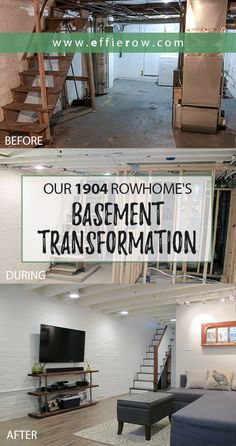 before and after photos of basement remodeling in an old house with stairs