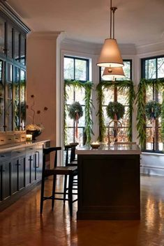 a kitchen with an island and lots of potted plants in the window sill