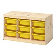 a wooden toy storage unit with yellow plastic containers on the bottom and two rows of bins below