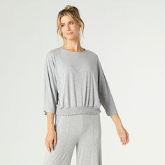 Easy Days Scrunch Top - Grey Casual Loose Fit Tops For Loungewear, Spring Athleisure Tops With Elastic Waistband, Relaxed Tops With Elastic Waistband For Lounging, Versatile Spring Activewear For Loungewear, Versatile Relaxed Fit Tops For Loungewear, Versatile Spring Activewear For Lounging, Spring Relaxed Fit Activewear For Lounging, Casual Tops With Elastic Waistband For Relaxation, Casual Yoga Tops With 4-way Stretch