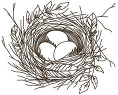 a bird nest with three eggs in it on top of some branches and leaves, drawn by hand