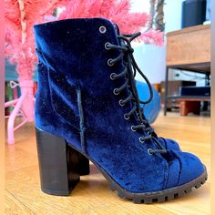 Never Worn, Super Comfortable Stylish Blue Velvet Booties. Perfect For The Holidays!! Trendy Blue Ankle-high Heeled Boots, Trendy Blue Ankle Heeled Boots, Blue High-top Platform Boots, Blue Lace-up Boots With Reinforced Heel, Blue Round Toe Platform Boots For Fall, Fall Blue Platform Boots With Round Toe, Blue Ankle-high Platform Boots, Blue Ankle-high Heeled Boots For Winter, Winter Blue Ankle-high Heeled Boots