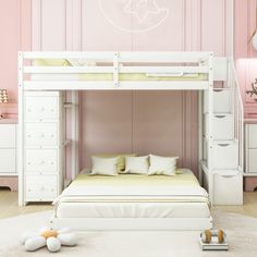 a white bunk bed sitting next to a pink wall