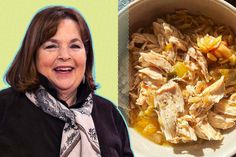 a woman is smiling next to a bowl of chicken noodle soup and a photo of her