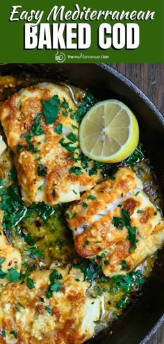 a skillet filled with baked food and garnished with parsley on the side