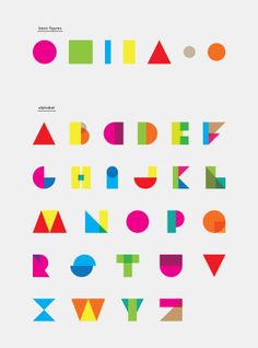 an alphabet with different colors and shapes on it, including letters that appear to be made from