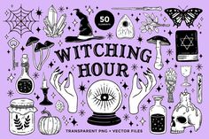 a purple background with black and white illustrations on it that says, witching hour