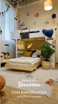 a bedroom with a bunk bed and lots of space hanging from the ceiling above it