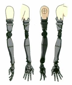 four different types of robotic arms and hands with one arm extended, the other holding something