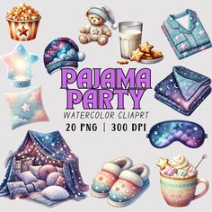 the watercolor clipart is designed to look like pajamas, blankets and other items