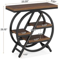 the side table has three shelves on each side and is shown with measurements for each shelf