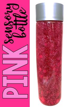 a pink glittered cup with the words drink on it next to a pink and white background