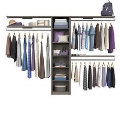 an open closet with clothes hanging on shelves